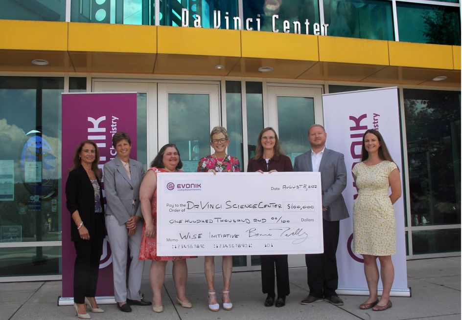Representatives of the Da Vinci Science Center and Evonik celebrate the company’s $100,000 donation to sponsor the Women in Science & Engineering (WISE) Initiative in Allentown, Pa.